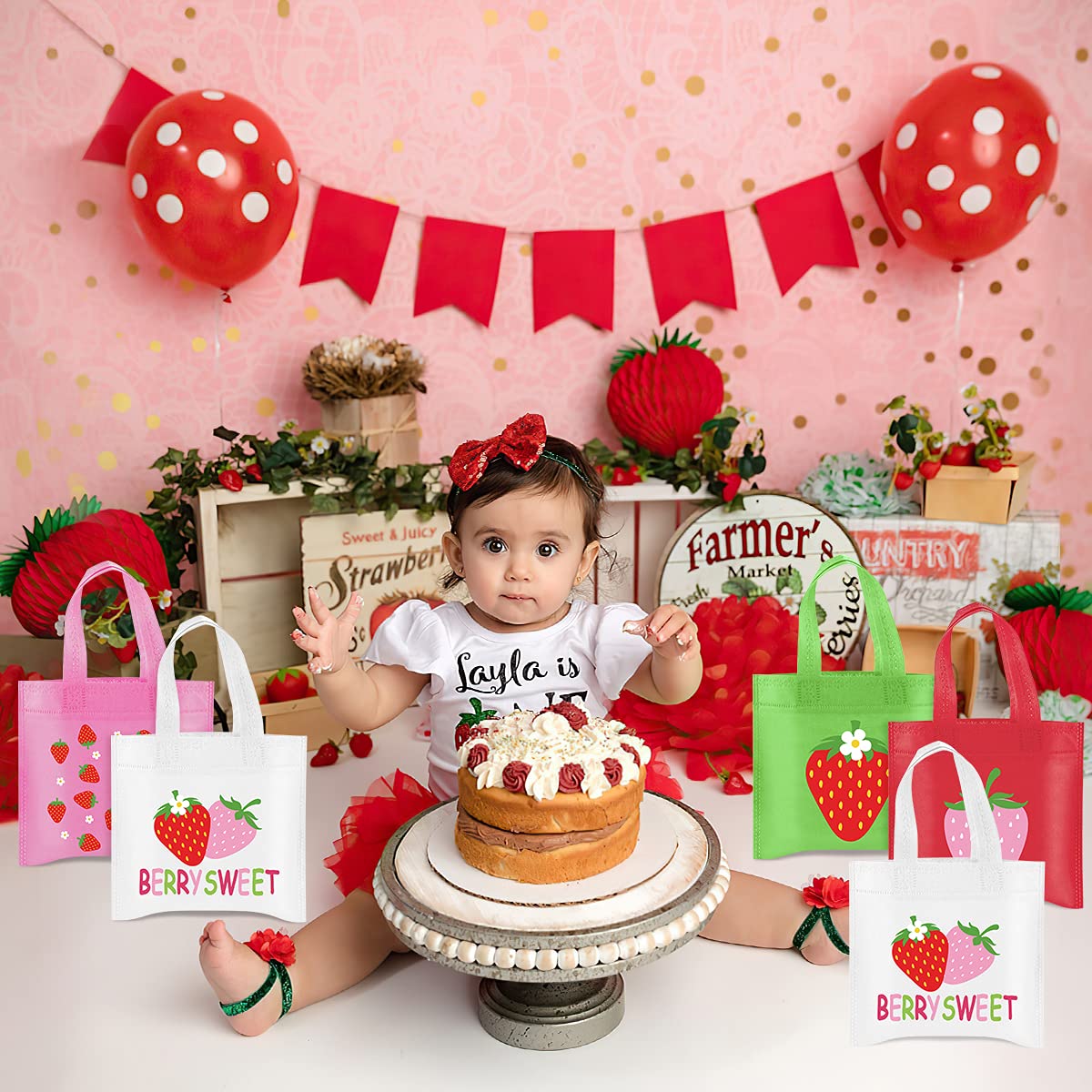20Pcs Strawberry Party Favor Bags, Strawberry Party Decorations Strawberry Non-Woven Candy Goody Treat Bag for Strawberry Fruit Theme Baby Shower Sweet One Strawberry Birthday Wedding Snack Gifts Bags