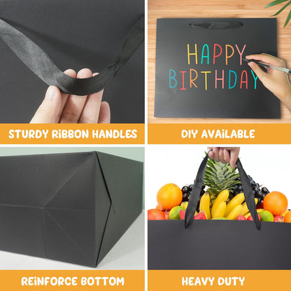 6 Pack Medium 10.5"x4"x8.1" Black Gift Bags with Tissue Papers, Kraft Shopping Bags with Ribbon Handles, Retail Wrapping Set for All Occasions