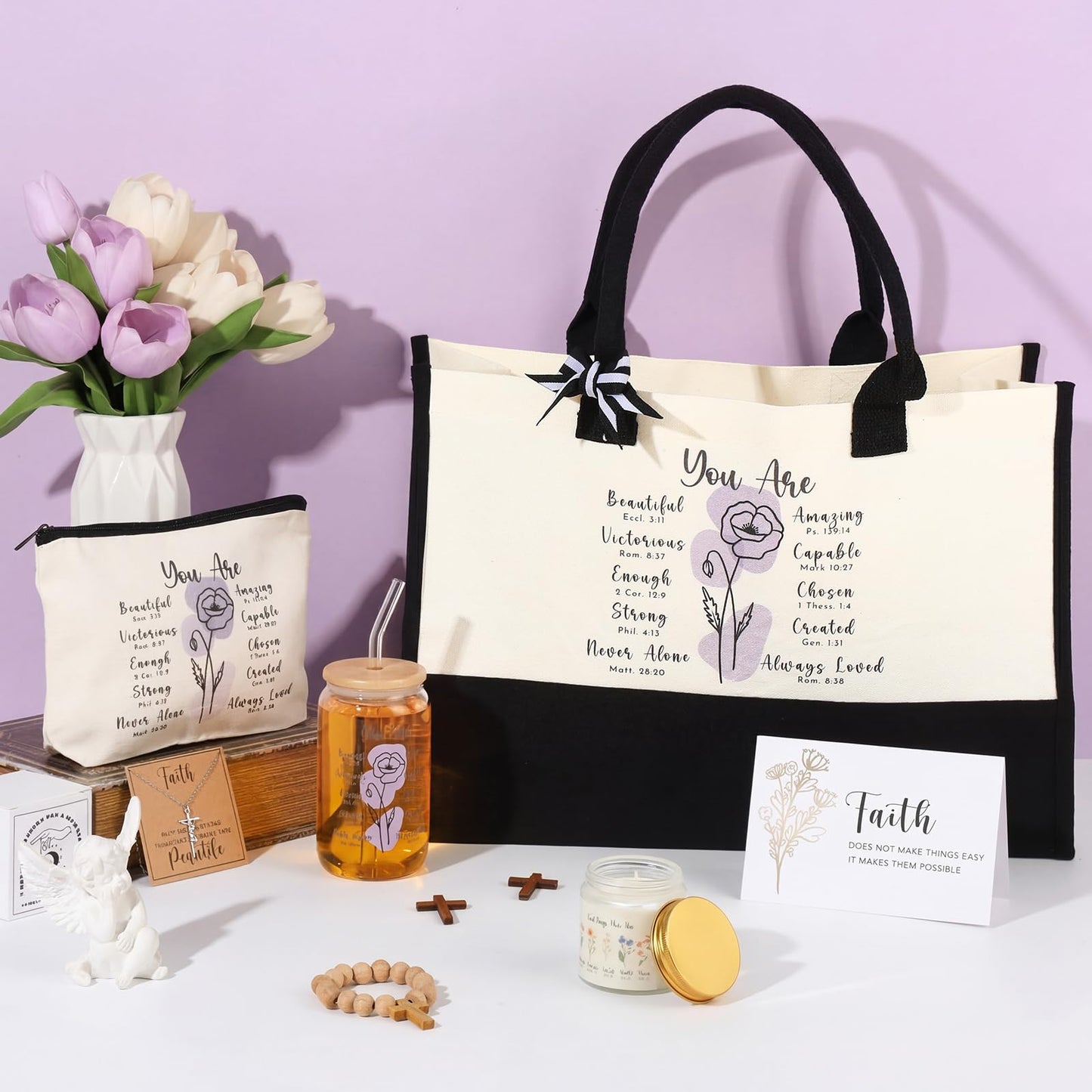 6 Pcs Christian Gifts for Women Faith Set Mother's Day Religious Gift for Women with Tote Bag Makeup Bag Candle Cross Necklace Cup Greeting Card for Church Grad Birthday(You are,Purple)