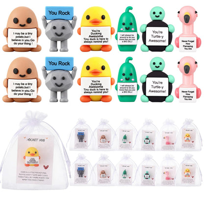 Gejoy 12 Pcs Pocket Hug Gift Set Tiny Rubber Figurines with Inspirational Message Organza Bags Glue Points Motivational Positive Gifts for Graduation Family Friends Colleagues Teachers(Classic)