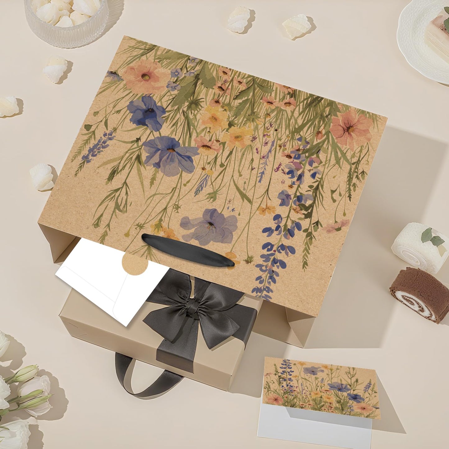 Wildflower Gift Bag Christmas Gifts Wild Floral Birthday Bag with Wrapping Paper Card Sticker Envelope for Watercolor Flower Christian Presents Wedding Baby Shower Bridal Shower Engagement Gifts Wrap