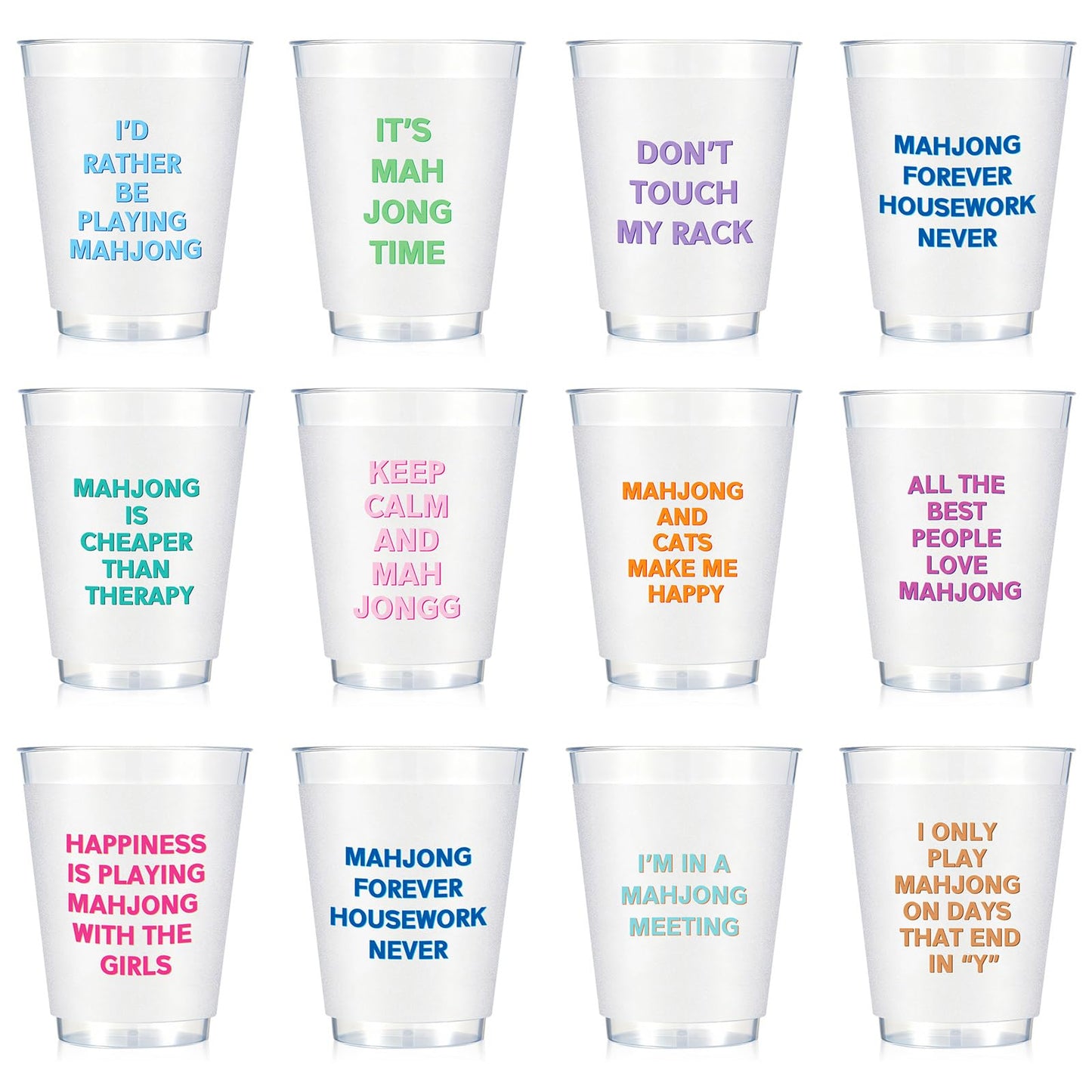 LemonRoad 12 Pcs Mahjong Cups Frosted with Multicolor Funny Phrases Mah Jong Party Supplies Reusable Plastic Mahjong Game Night Cups Gifts for Christmas Birthday Celebration (16 oz,Classic Style)