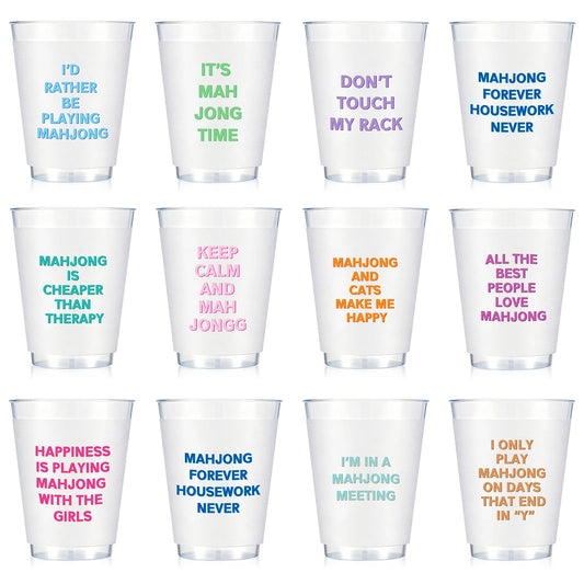 LemonRoad 12 Pcs Mahjong Cups Frosted with Multicolor Funny Phrases Mah Jong Party Supplies Reusable Plastic Mahjong Game Night Cups Gifts for Christmas Birthday Celebration (16 oz,Classic Style)
