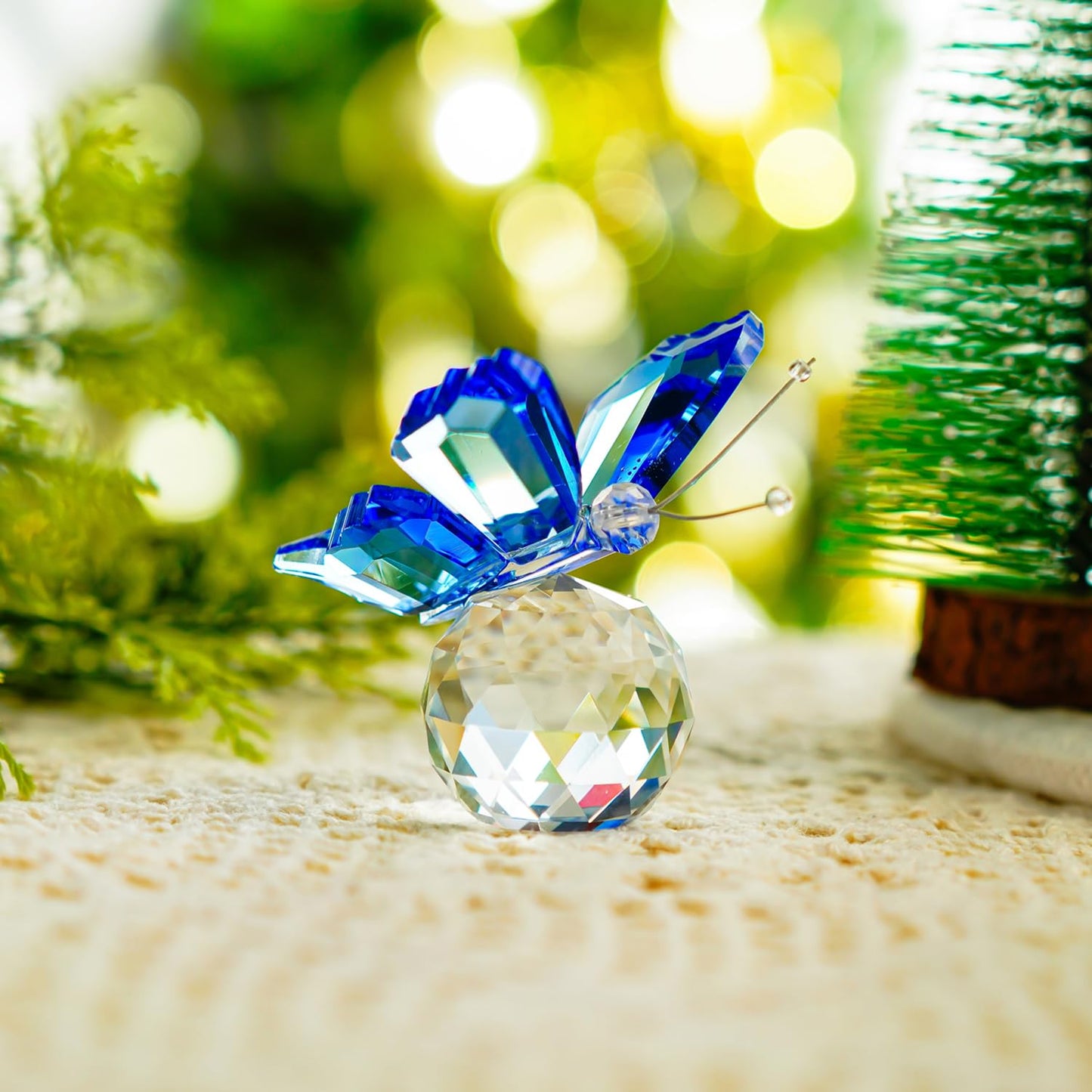 H&D Crystal Flying Butterfly with Crystal Ball Base Figurine Collection Cut Glass Ornament Statue Animal Collectible (Blue)
