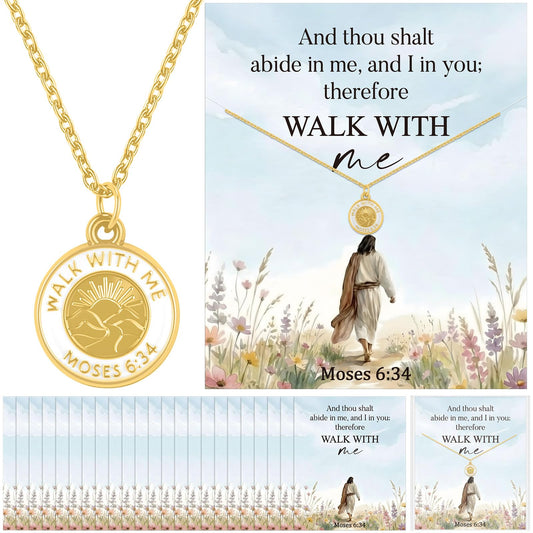 Sureio 24 Sets LDS Missionary Gifts Walk with Me 2026 Necklace with Scripture Cards Sister Missionary Necklace Mormon LDS Youth Theme Walk with Me Pendant Jewelry Christian Baptism Gifts for Women