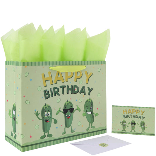 13'' Large Pickle Birthday Gift Bag Set with Handles, Greeting Card, Green Tissue Papers and Stickers for Women Boys Girls Kids Teens for Cucumber Birthday, Baby, Men, Vegetable Themed Design, 1 Pcs