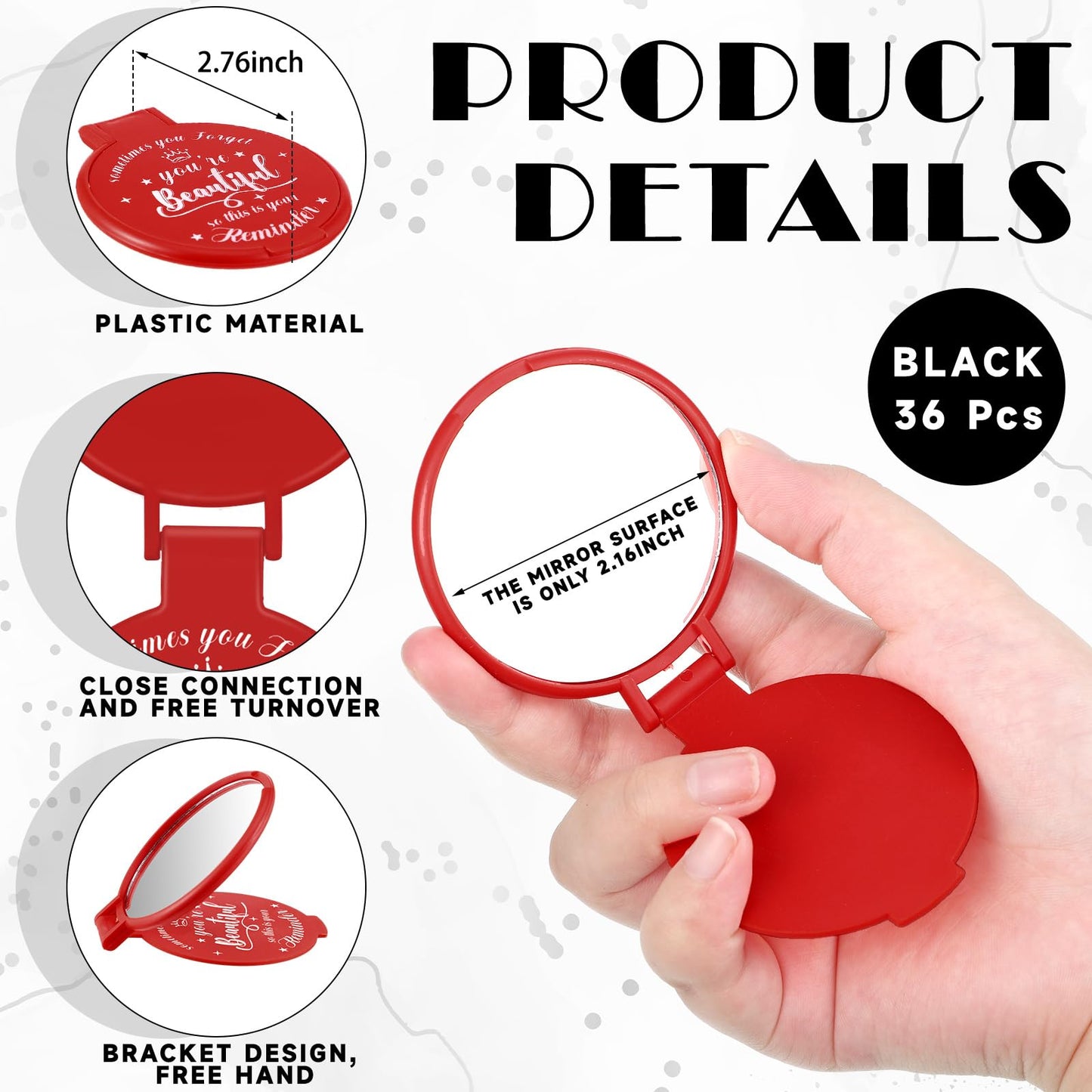 36 Pcs 2.76 Inch Inspirational Compact Mirror Bulk Women Small Gifts Graduation Mothers Day Party Favors Purse Mirror Pocket Mini Items for Adult Coworker Cheerleader Swag Bag (Red)