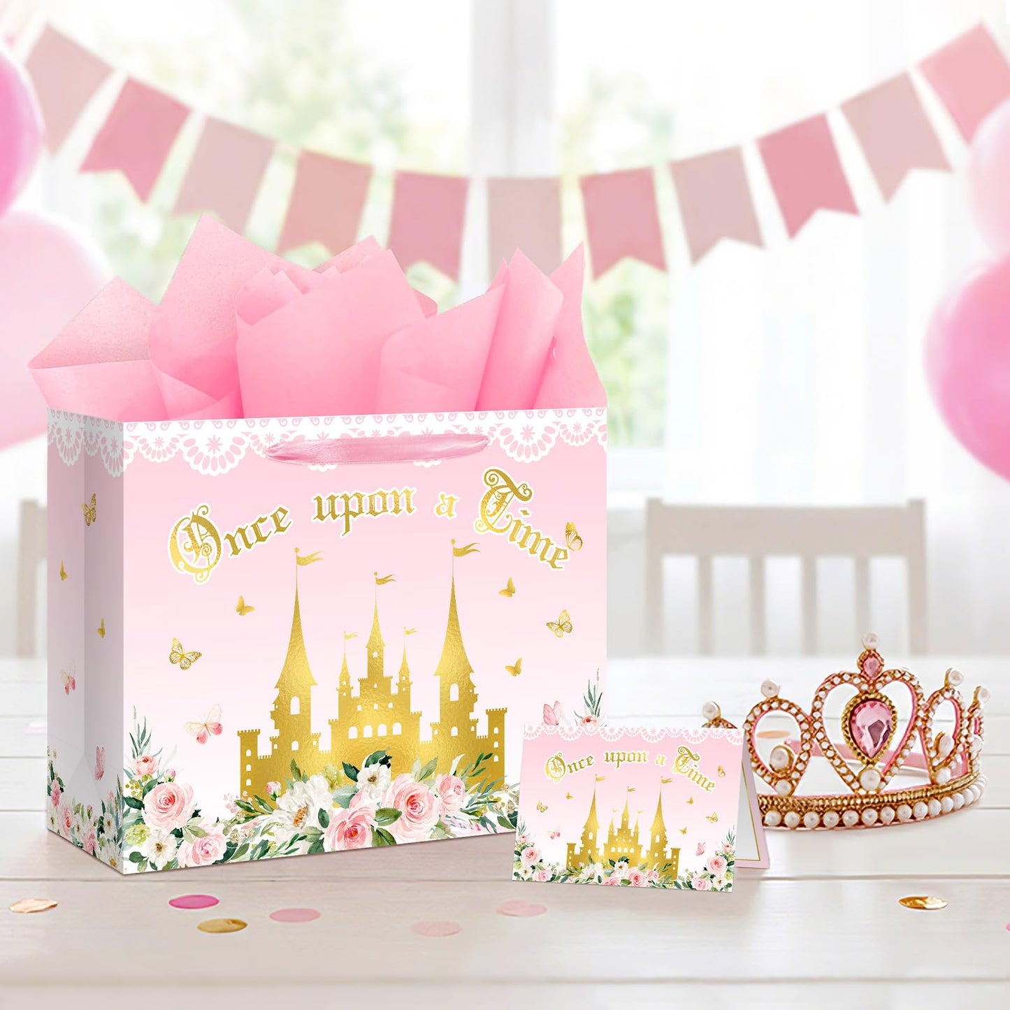 Reyoust 13" Large Pink Princess Themed Gift Bag with Card and Tissue Paper Floral Castle Present Bag for Girls Fairy Tale Baby Shower Birthday Party Decorations 1 Pcs 13" L x 10.2" H x 4.9" D