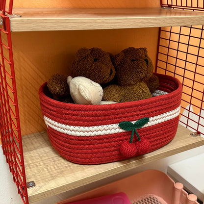 SHIANCE&LI Small Woven Basket Cute Cotton Rope with Handles Gift Oval For Storage Baby Dog Toy Room Basket 12"x 8" x 5" Decorative Basket(Cherry,S)