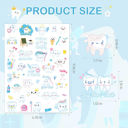Dental Tooth Temporary Tattoos Stickers - 8 Sheets 280 Pcs Cute Cartoon Teeth Fairy Gifts One's First Teeth Tattoo Sticker for Kids Funny Dentist Party Decorations Hospital Doctor Prizes Rewards