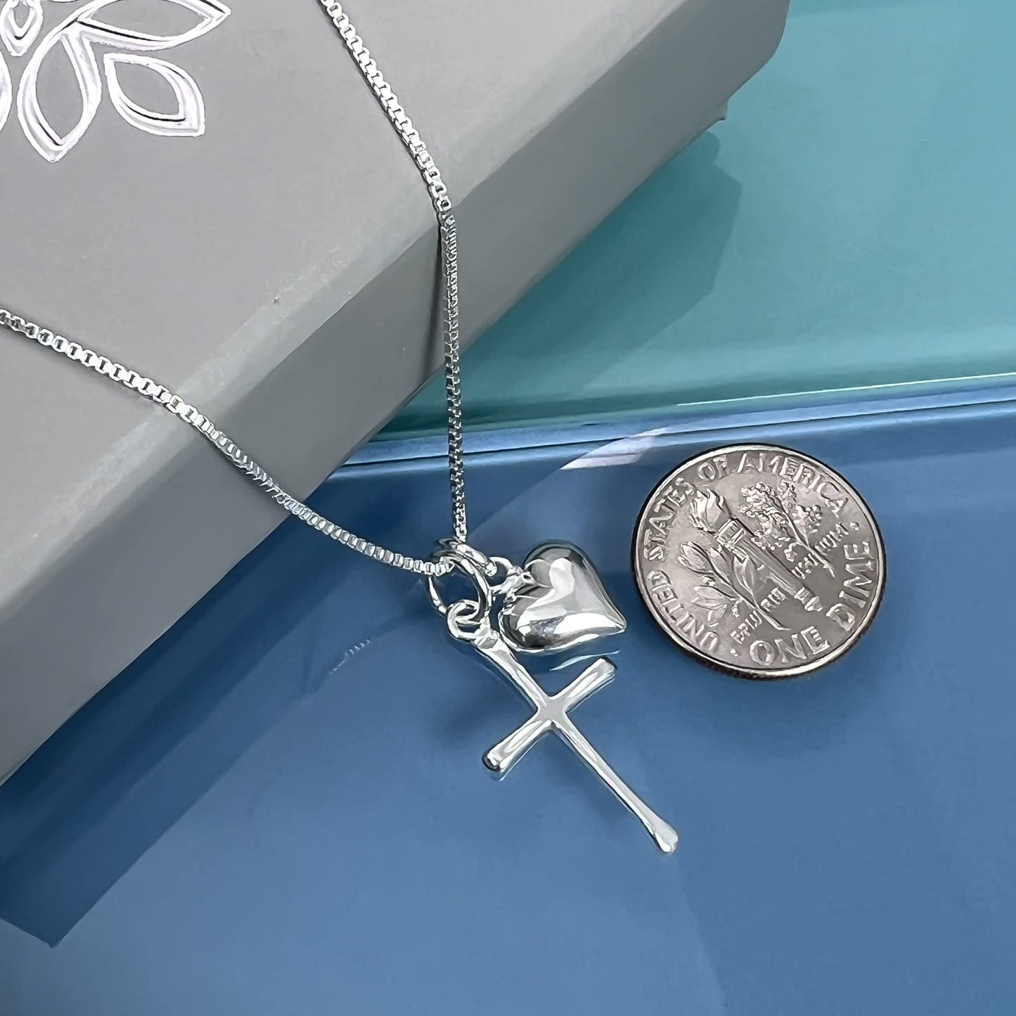 Sterling Silver Cross Necklace for Girls, Sterling Silver Cross with Puffed Heart Charm, First Communion Gift Necklace for Daughter, Goddaughter Gift Necklace