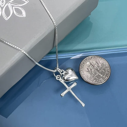 Sterling Silver Cross Necklace for Girls, Sterling Silver Cross with Puffed Heart Charm, First Communion Gift Necklace for Daughter, Goddaughter Gift Necklace