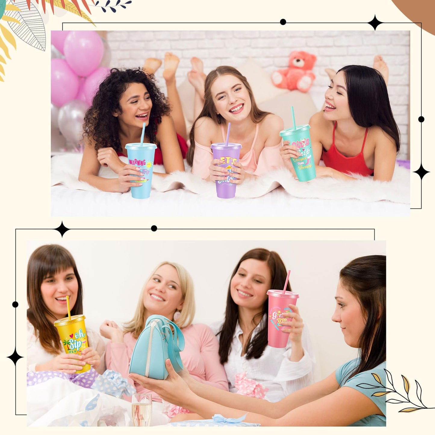 LemonRoad 6 Set/37 Pcs Girls Trip Gifts Plastic Tumbler Cup, Girl Weekend Gift Eye Masks Perfume Travel Bottle Cosmetic Bag Combs for Women Travel Friendship Wedding Bachelorette Party(Bright Color)