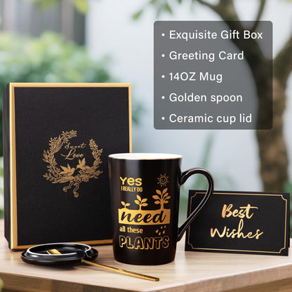 Gardening Gifts for Women Men - Cool Plant Lover Gift Coffee Mug, Garden Gifts for Gardeners, Plant Lady, Mom, Dad, Son, 14oz Black Ceramic Mug with Gold Print, Lid, Spoon Card, Luxury Gift Boxed