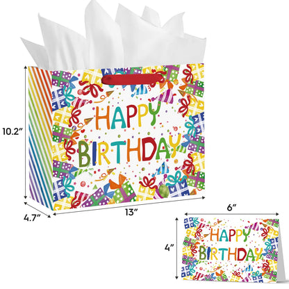 Horaldaily 13" Large Birthday Gift Paper Bags with Tissue Paper and Card, Happy Birthday Ballons Gift Paper Bag for Men Women Kids Birthday,1Pcs