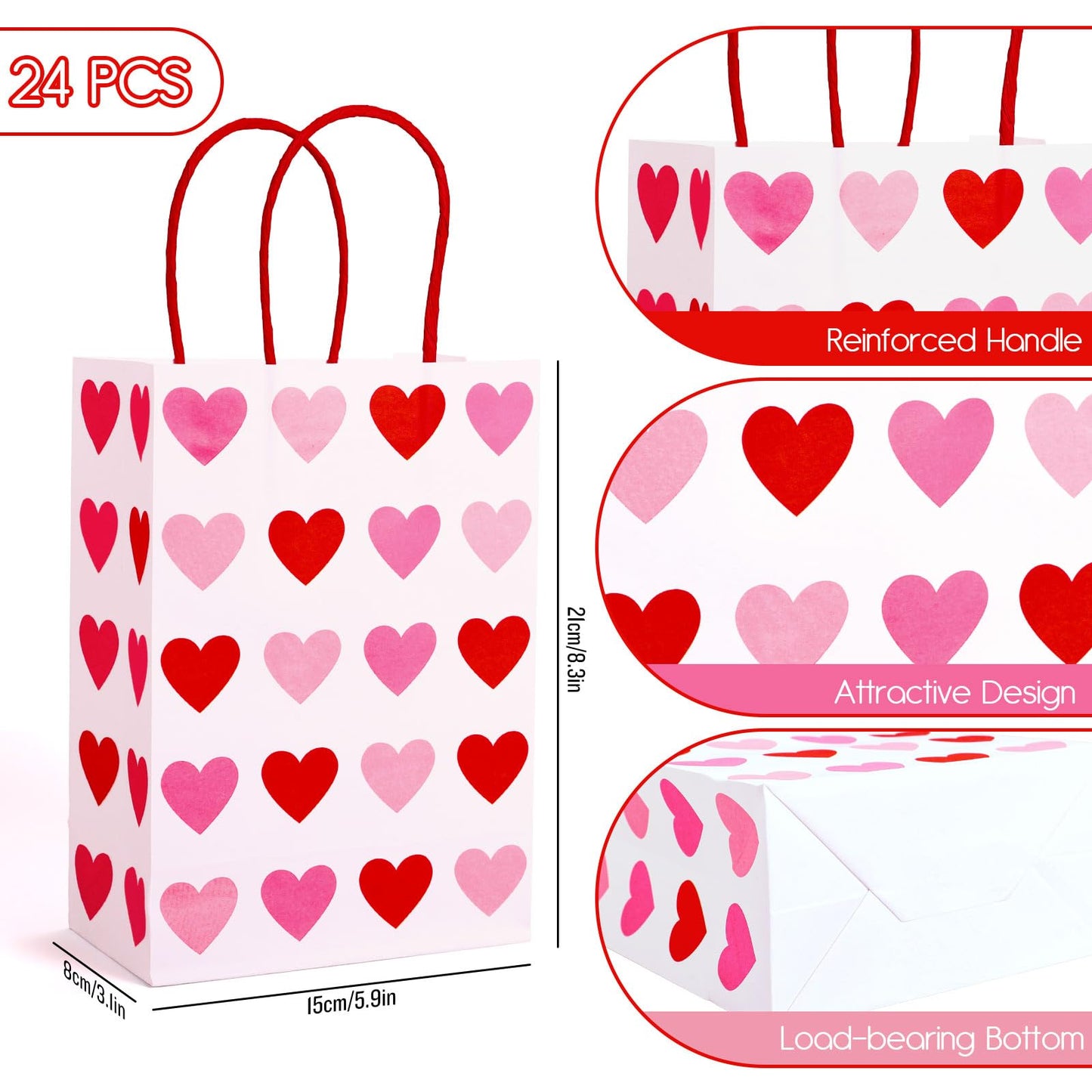 FYSUIMU 24Pcs Valentine' s Day Paper Gift Bags Red Pink Love Heart Candy Goodie Bags with Handles for Wedding Anniversary Mother' s Day Birthday Party Favors