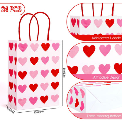 FYSUIMU 24Pcs Valentine' s Day Paper Gift Bags Red Pink Love Heart Candy Goodie Bags with Handles for Wedding Anniversary Mother' s Day Birthday Party Favors