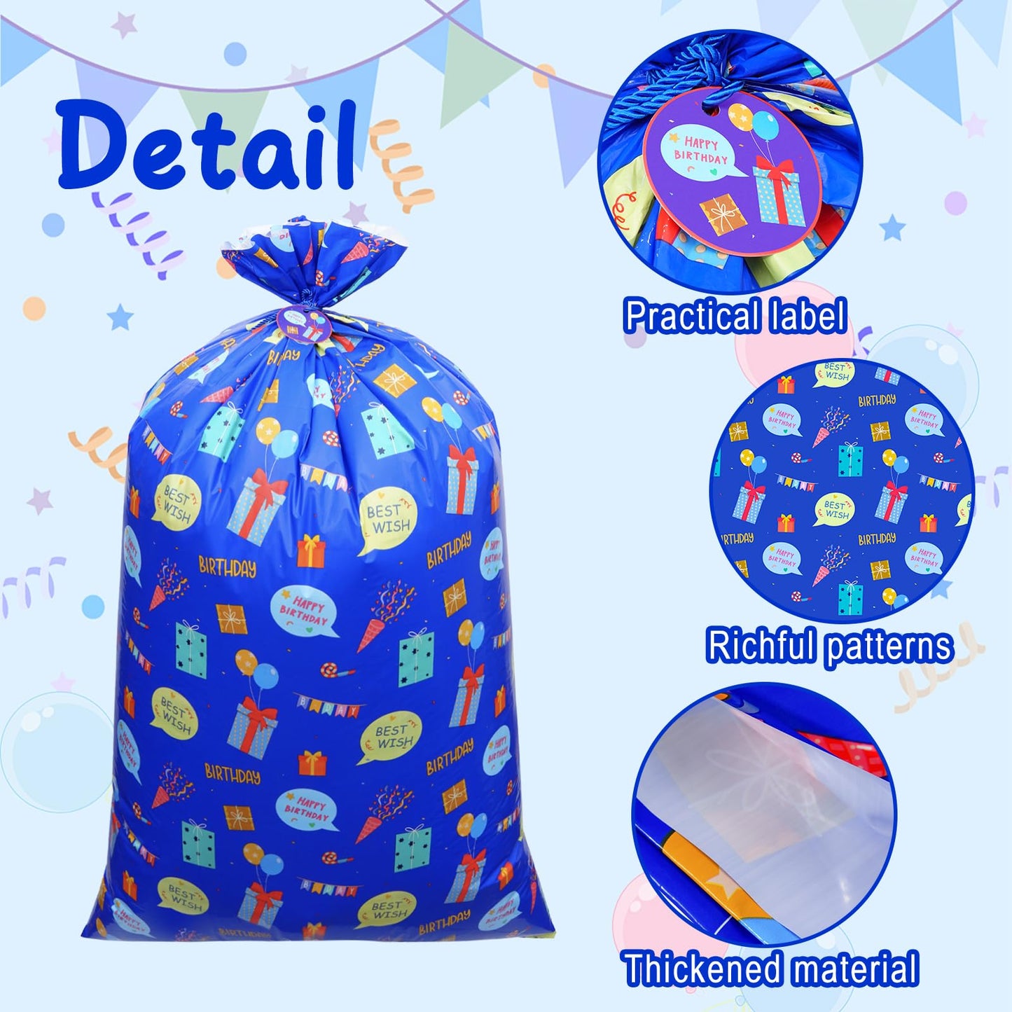 Plauthus 56” Jumbo Plastic Gift Bag, Extra Lager Birthday Gift Bag for Giant Gift (Patterns of Gift Boxes and Greeting Words) for Kids, Boys Teens Birthday (Boy-Blue)