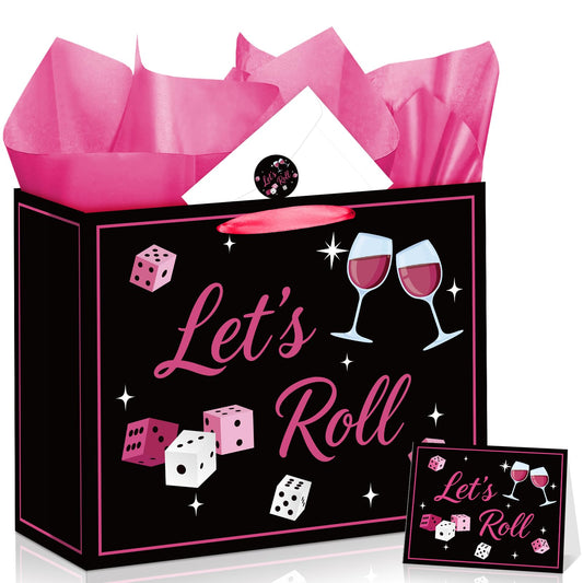 Bunco Gift Bag Set Dice Wine All-in-One Gift Wrapping Kit with Greeting Card, Sticker, Envelope and Tissue Paper for Birthday, Bridal Shower, Girls Night, Let's Roll Bachelorette Party Favors Decor