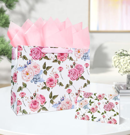MUNILAIL 13 Inches Large Gift Bag for Women Flower Gift Bag with Handle Tissue Paper and Greeting Card for Birthday Wedding Bridal Shower Party Large Pink Paper Gift Bag