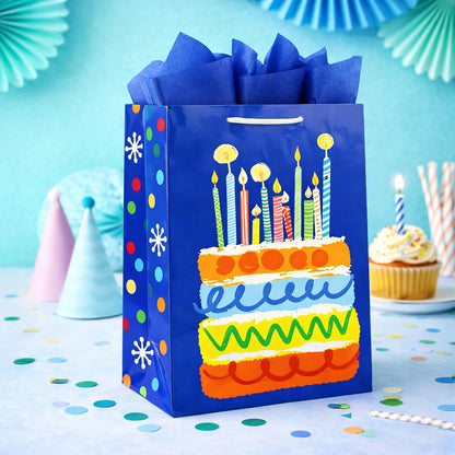 Party Funny Kids Blue Birthday Gift Bags with Tissue Paper, 2 Pack 13" Medium Paper Gift Bag Set with Handles, Colorful Cake and Happy Birthday Present Bags for Boys