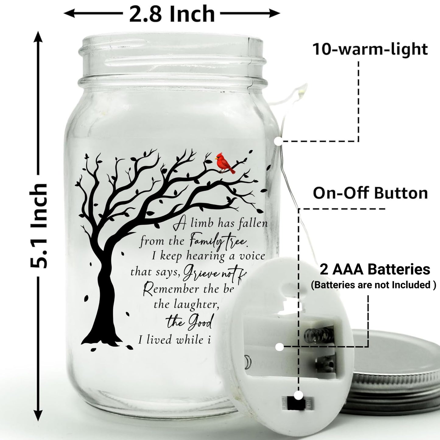 Memorial Gifts Mason Jar Light, Red Cardinal - Memory Gifts for Loss Loved Ones, Bereavement Gift Idea, Sympathy Loss of Mother, Dad, Son, Husband/Family Member A Limb Has Fallen From Our Family Tree