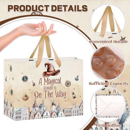 Magical Wizard Baby Shower Birthday Gift Bag for Baby Girls A Magical Bundle is On The Way Bag with Wrapping Paper Card Large Brown Castle Witch Gift Bag for Halloween Baby Shower Party Supplies