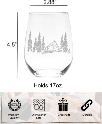C M - Cabin in the Woods Stemless Wine Glass - 17 oz - Glass - Cabin Themed Gift for Men and Women