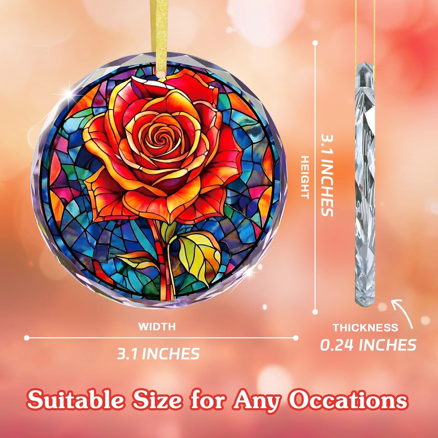 FLYAB Red Rose Valentines Day Gifts for Girlfriend Her Wife Women - Flower Valentine Ornaments for Tree Deorations, Glass Red Rose Window Suncatcher, Anniversary Wedding Gifts