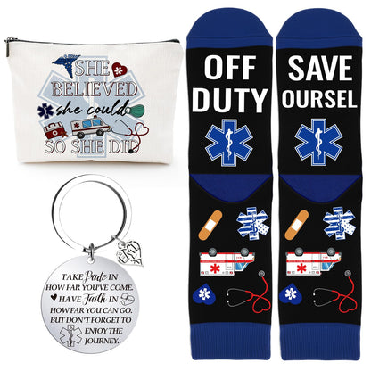 EMT Gifts for Women - 3Pcs Paramedic Gifts Sets, Emergency Medical Technician Makeup Bag Keychain Socks, Christmas EMS Week Appreciation Graduation Retirement Birthday Present for EMT Nurse