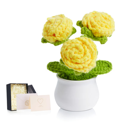 LAIDANLA Crochet Flowers Yellow Roses Mini Potted, Handmade Anniversary Graduation Appreciation Birthday Small Gifts for Women Friend Teacher Coworker Mom Knitted Flower for Desk Car