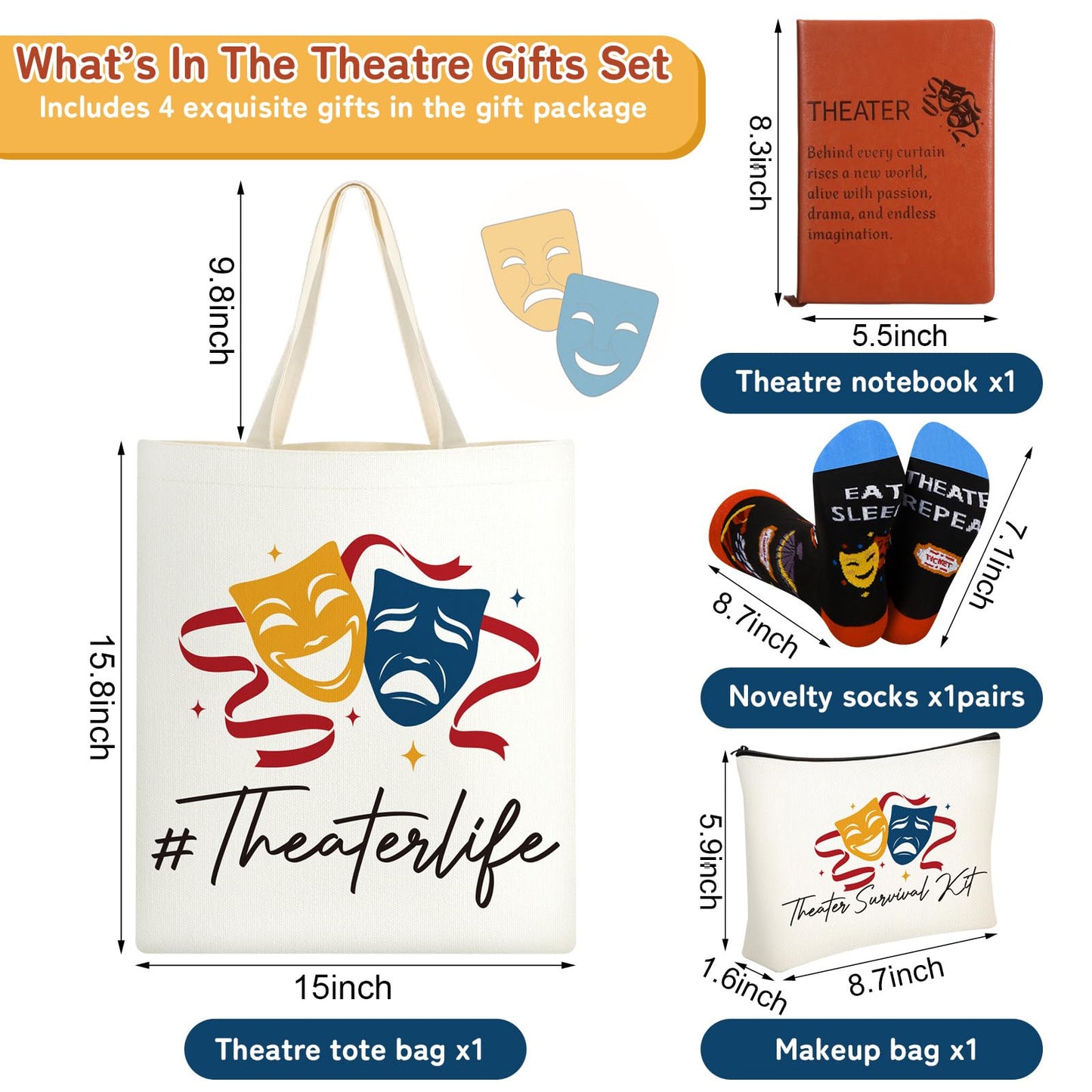 4 Pack Theatre Gift Set for Musical Theater Lovers Canvas Tote Makeup Bag Crew Socks Leather Notebook for Broadway Actors Drama Students Birthday Graduation Gifts