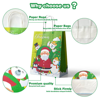24 Pcs Kraft Gift Bags - Medium Christmas Paper Bags with Handles - Six Holiday Designs for Presents and Party Favors