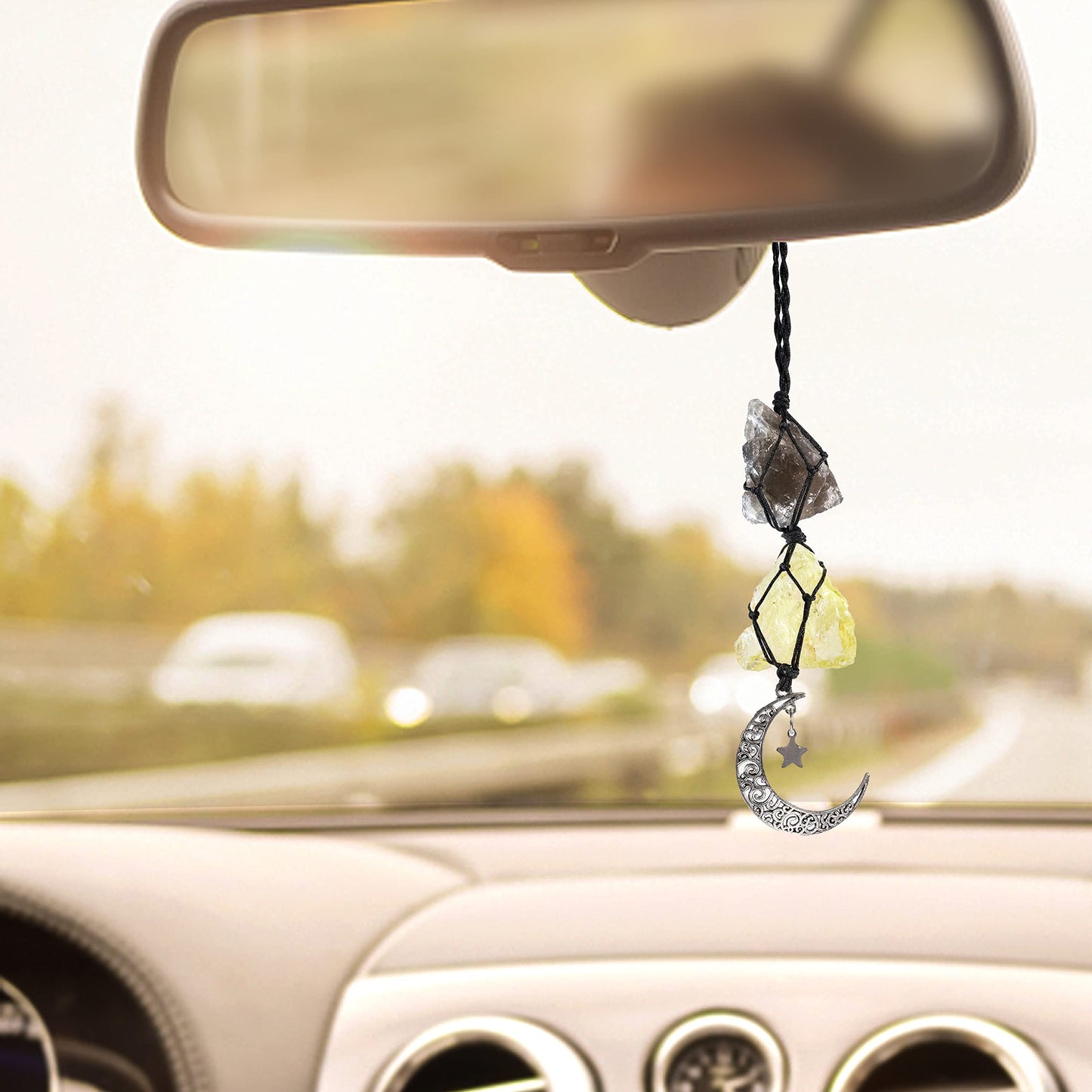 BOHO GARDEN Hanging Car Charm - Smoky Quartz & Citrine - Dangling Moon, Healing Crystal Accessories, Rearview Mirror Decorations ÐGrounding, Cleansing, Protection, Joy, Abundance, Clarity, Energy