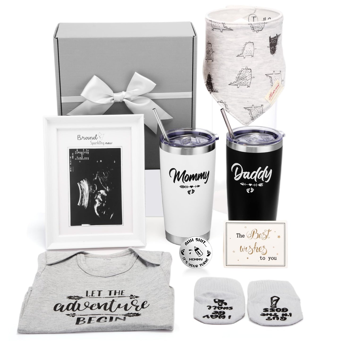 Chuarry 10 Pcs Pregnancy Gifts for New Parents New Mom Women Gender Reveal Gifts Baby Shower 20oz Mom and Dad Tumblers Frame Unisex Jumpsuit for First Time Parents Gift Supplies (Classic, Gray)