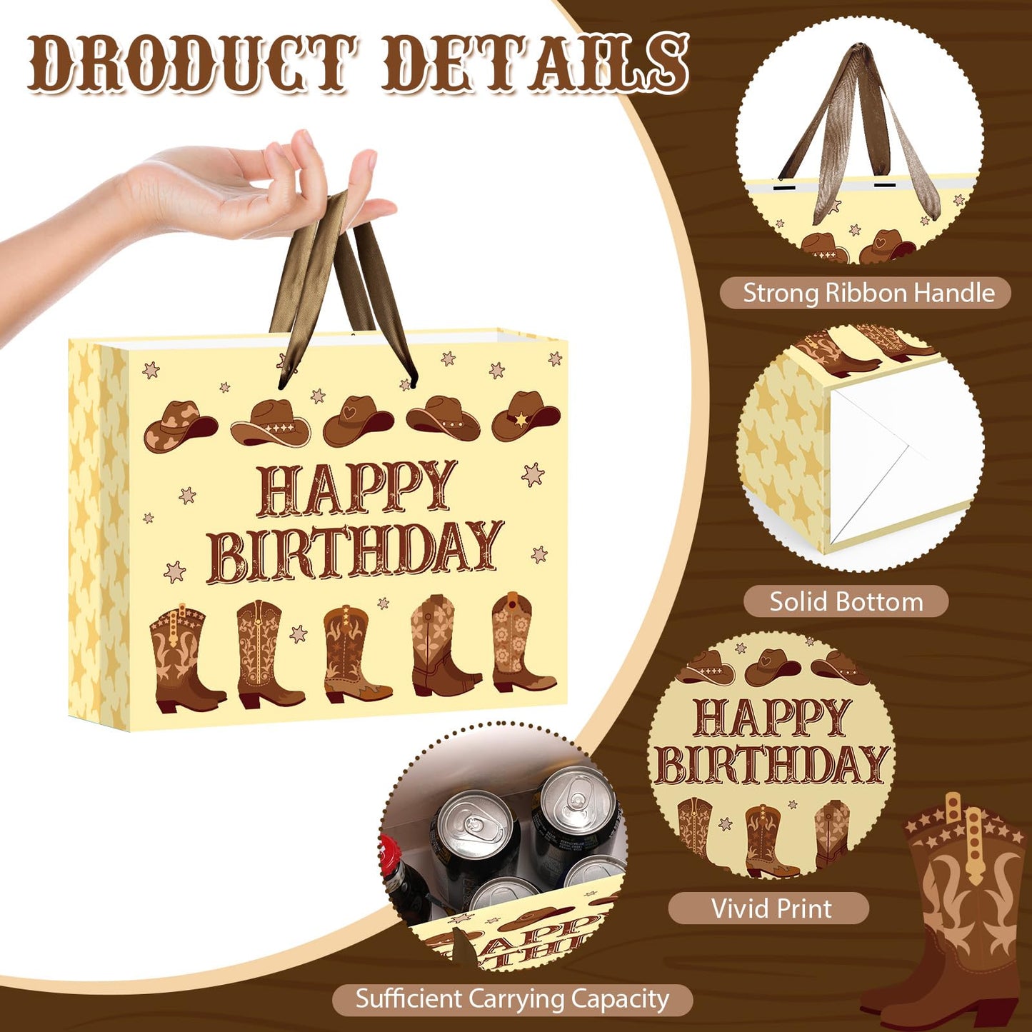 Cowboy Birthday Gift Bag Western Rodeo Baby Shower Gifts Bag with Tissue Paper Card Brown Cowboy Boots Wrapping Paper Bag for Boy Men Adult Birthday First Rodeo Western Theme Party Favor Decoration