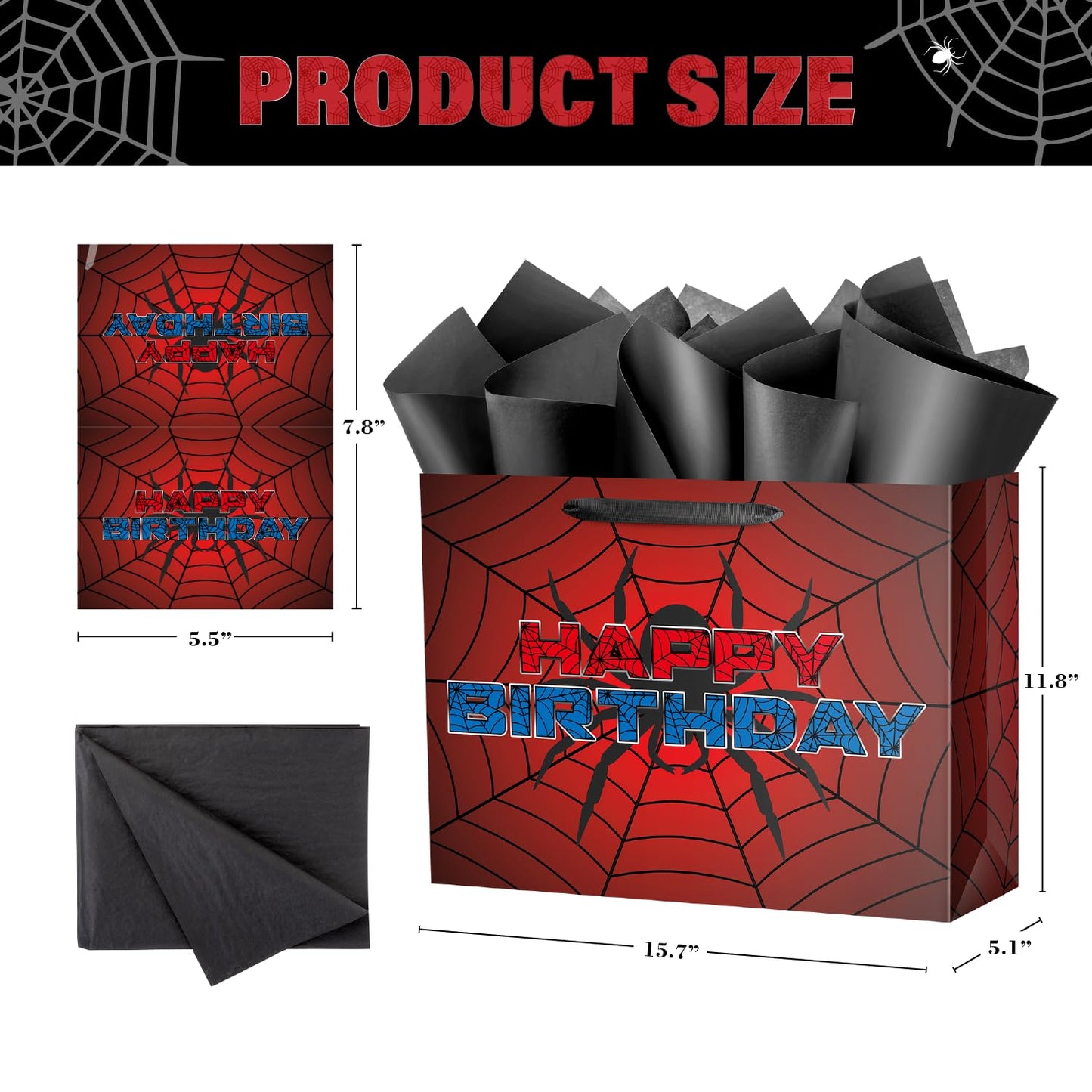 Ranfashiong 16" Red Extra Large Spider Birthday Gift Bag for Kids with Tissue Paper and Card, Spider Webs Design Wrapping for Boys, Girls Halloween Party Decor
