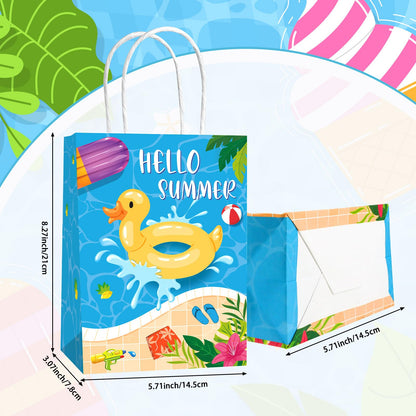 Lemicin 12 Pcs Summer Goodie Bags Pool Party Favor Bags Treat Candy Snack Bag Paper Beach Gift Bags with Handles for Hawaiian Luau Birthday Baby Shower Hello Summer Pool Holiday Party Supplies