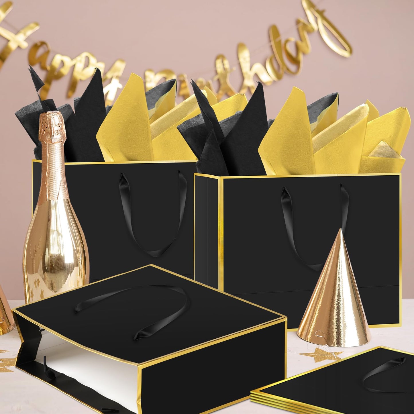 Epoesch 12 Pack Black Gift Bags with Handles – Includes 24 Tissue Paper – 11.8"x10"x4" – Elegant 5 Senses Gift Bags for Wedding, Bridesmaids, Groomsmen, Guests, Easter, Father's Day, Holidays (Black Gold)
