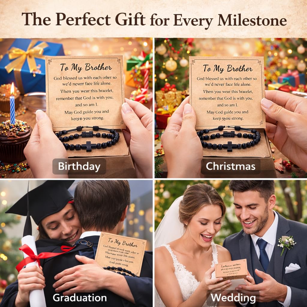 Brother Birthday Gift Set from Sister for Brother Adult Men Funny + Inspirational 5-Piece Gift Bracelet, Socks, Leather Journal, Plaque & Keychain Birthday/Christmas/Just Because