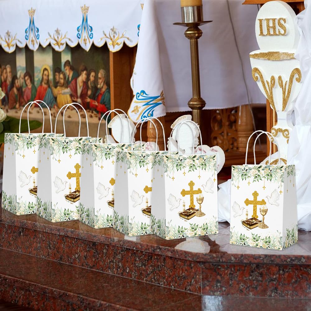 AIBIIN 24PCS Baptism Gift Bags with Handles Greenery Christening First Holy Communion Party Favors Mi Primera Comunion God Bless Goodie Treat Candy Paper Bags Party Decorations Supplies