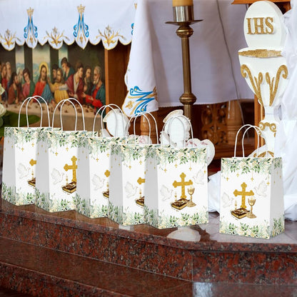 AIBIIN 24PCS Baptism Gift Bags with Handles Greenery Christening First Holy Communion Party Favors Mi Primera Comunion God Bless Goodie Treat Candy Paper Bags Party Decorations Supplies