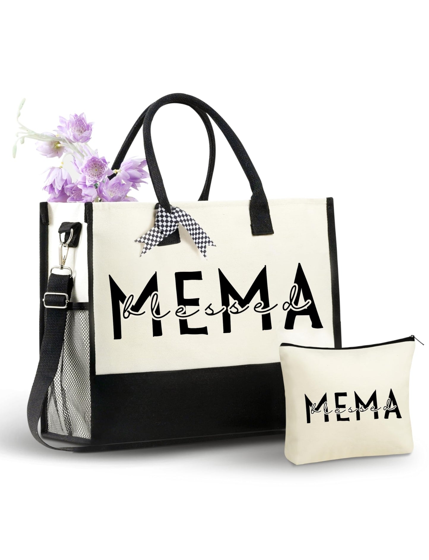 InnoBeta Mema Gifts for Grandma, Canvas Tote Bag on Christmas or Birthday & Mother's Day, Tote with Top Zipper Closure and Shoulder Strap - Blessed Mema