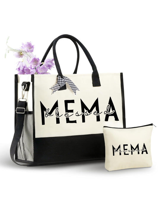 InnoBeta Mema Gifts for Grandma, Canvas Tote Bag on Christmas or Birthday & Mother's Day, Tote with Top Zipper Closure and Shoulder Strap - Blessed Mema