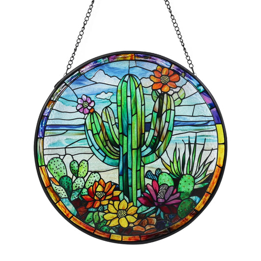 Cactus Stained Glass Window Hanging Suncatcher with Chain - 7.9" Arizona Outdoor/Indoor Art Decor for Home Garden, Thanksgiving, Wedding, Mother's, Valentine's & Christmas Ornaments Present