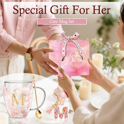 Personalized Gifts for Women Flower Glass Coffee Mug Initial Tea cup Mother's Day Gifts for Mom Monogrammed Customized Bridesmaid Bride Wedding Gifts Graduation Valentines Birthday Christmas Gift(M)