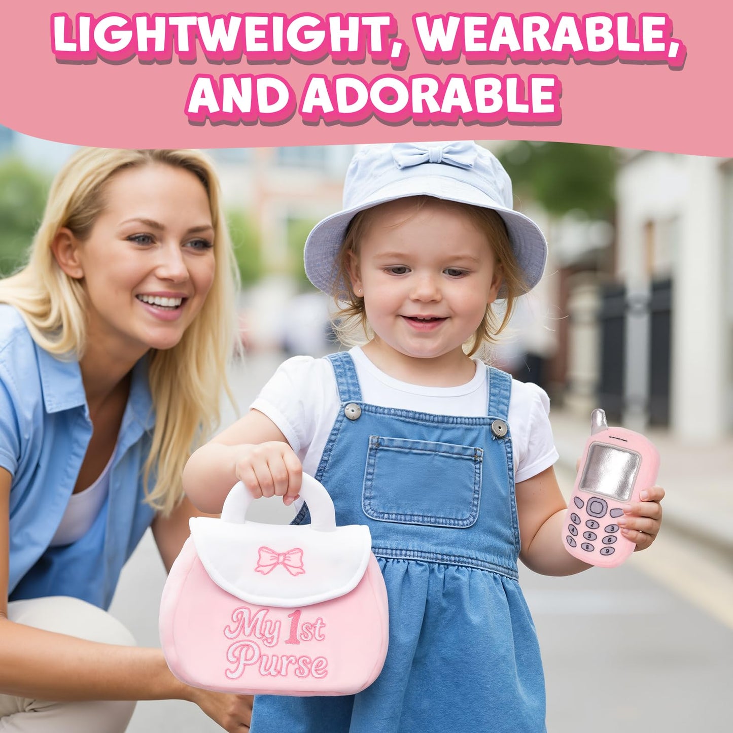 My 1st Purse Plush Toy Set – 5 PCS Sensory Toddler Purse for Little Girls Including Phone, Lipstick, Keys & Mirror, First Birthday Gift for Baby Toddler Girl Ages 1-3 (Pink)