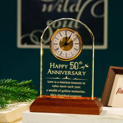YWHL 50th Wedding Anniversary Clock Gifts for Parents Grandparents, 50 Years Anniversary Couple Gifts, Glass Table Clock Presents with Wooden Light Base for Home Decoration (Battery not Included)
