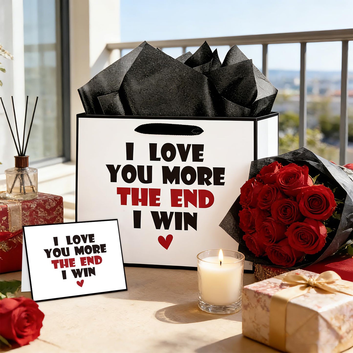Anniversary Birthday Gift Bag for Him Men Boyfriend Women Funny I Love You More Gift Bags with Wrapping Tissue Paper and Greeting Card Valentines Wedding Bridal Shower Engagement Party Favor Bag