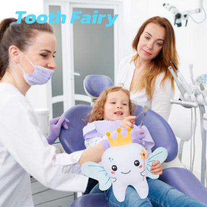 Tooth Fairy Plush Holder Gift – 12 Inch Big Tooth Pillow Crown Blue Wings Star Wand Kids' Tooth Fairy Gift for Boys Girls with Pocket